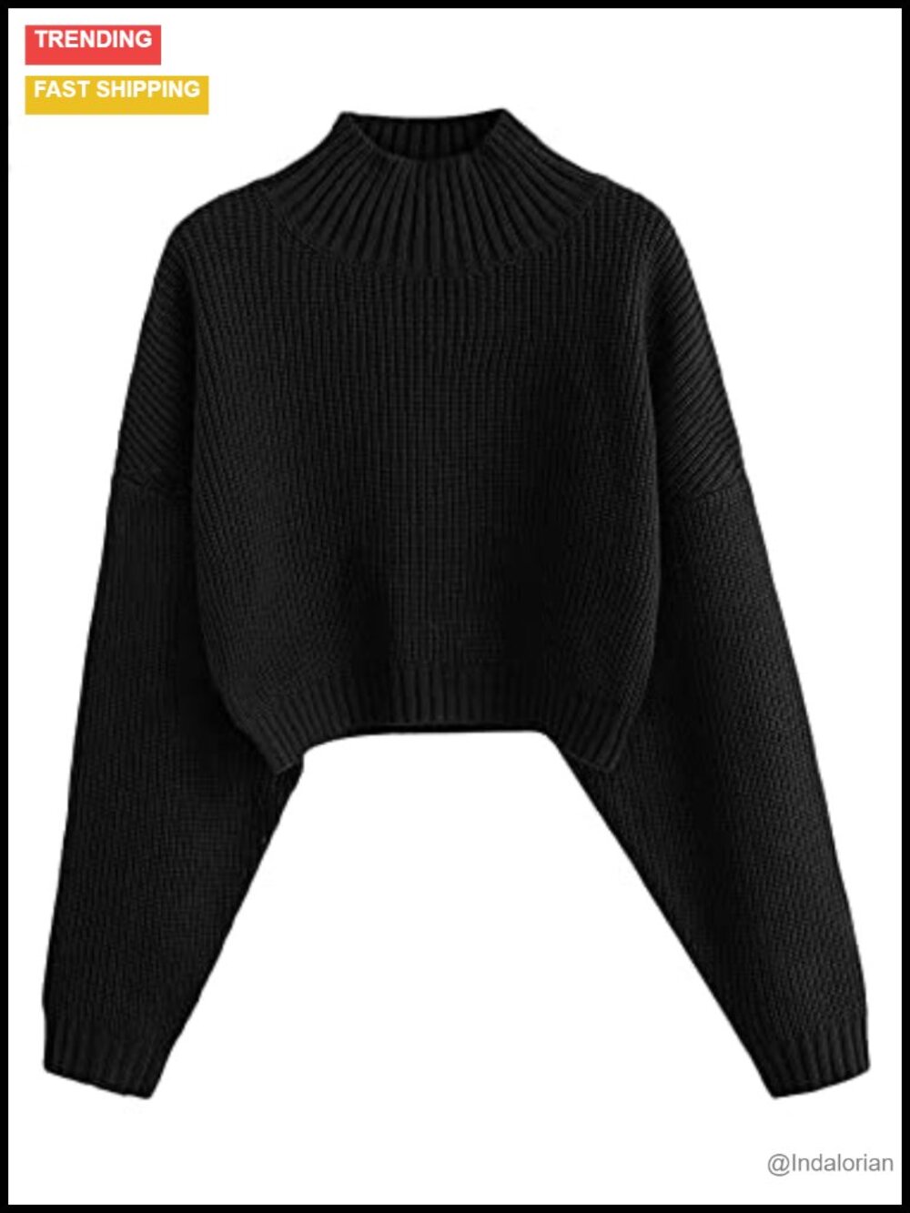 Cropped Turtleneck Sweater Lantern Sleeve Ribbed Knit Pullover